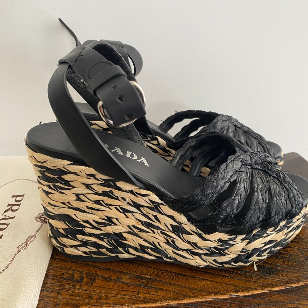 Prada Black and Tan Raffia Wedge Sandals Sz 36.5